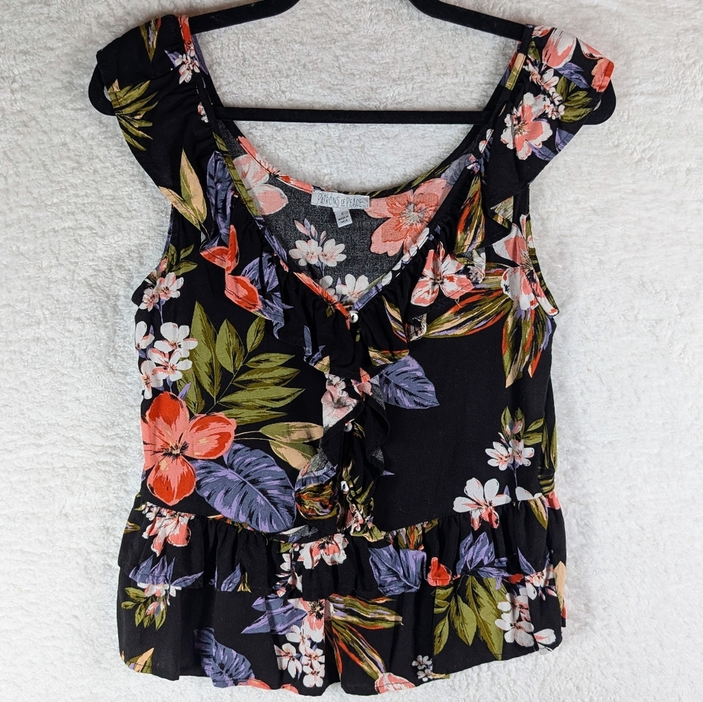 Patrons of Peace Black Floral Ruffle Tank Top